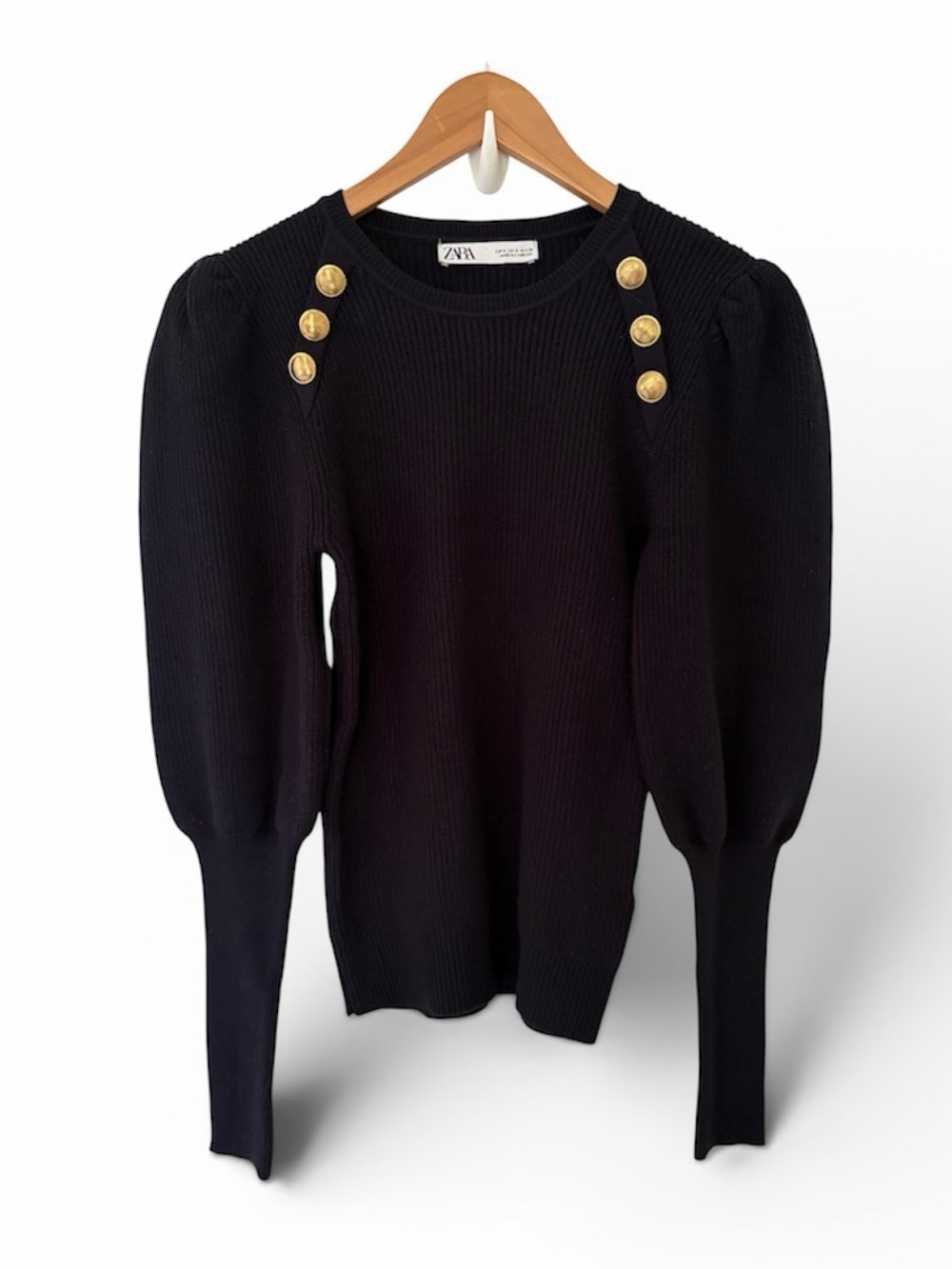 Zara Navy Puff-Sleeve Crew Small Sweater with Gold Buttons
